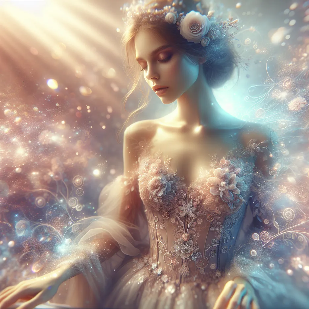 Prompt: (radiant beauty), ethereal atmosphere, enchanting elegance, soft pastel tones, serene vibe, delicate features, graceful posture, subtle glow, mesmerizing detail, intricate patterns, dreamy background, floral elements, captivating charm, high quality, ultra-detailed, cinematic masterpiece.