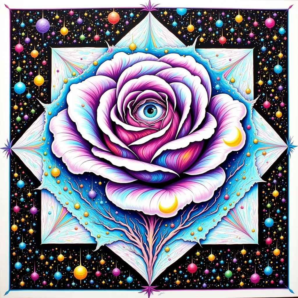 Prompt: metallic rainbow pastel fractals in 2 dimensions drawn to show a series of planes intersecting into a 3d outline of a rose with an indigo violet 3rd eye coming out of the top of it, mathematical, balanced colors, psychedelic, scientific, harmony, logical grid, colored pencil drawing, abstract geometry