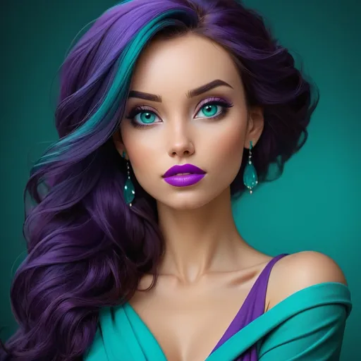 Prompt: Beautiful woman, purple and teal