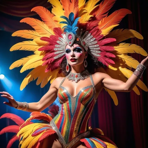 Prompt: (flamboyant show girl), vibrant colors, sparkling costumes, elaborate feathered headdress, dramatic lighting, dynamic pose, glamorous stage setting, intense spotlight, captivating expression, luxurious sequins, high-energy, lively background, circus-inspired ambiance, ultra-detailed, high quality, electrifying atmosphere, vivid emotional depth.