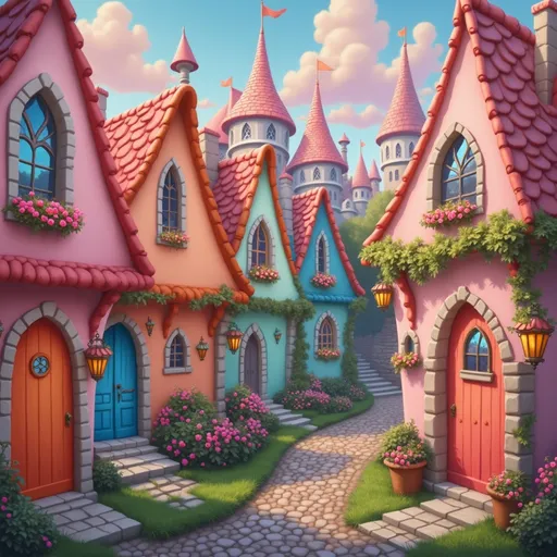 Prompt: A whimsical scene unfolds in a vibrant, enchanted landscape dominated by a fairytale castle adorned with striking pink and blue turrets that reach for the cerulean sky. Towering, oversized mushrooms in shades of pink and purple flank the cobblestone pathway that winds its way toward the castle's grand entrance, framed by lush greenery and colorful blooming flowers. The light, soft and warm, bathing the scene in a magical glow, adds to the dreamlike quality of this imaginary realm. The intricate architecture of the castle, entwined with vines, speaks of timeless beauty, creating an inviting atmosphere that beckons explorers into a world of fantasy and wonder. The overall mood is one of enchantment and serenity, as if this place holds countless stories waiting to be discovered.