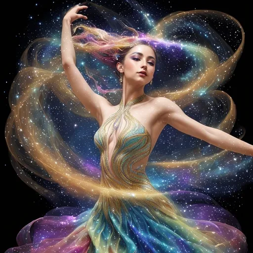 Prompt: a stunning depiction of a dancer whose flowing movements create beautiful, swirling galaxies. The dancer's form and dress are painted with stars and cosmic dust, illustrating the harmony between human expression and the universe. Light background 