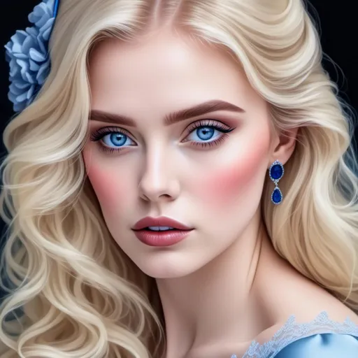 Prompt: <mymodel>Beautiful woman with blue eyes & Auburn hair, blue jewelry, intricate oval face, elegant & elaborate blue formal dress with velvet and lace detailing, blue milliner's hat, fair skin, upturned nose, full bosomy figure, blue high heels, sitting for a portrait, 8k, realistic, elegant, detailed, formal attire, intricate jewelry, portrait sitting, blue color scheme, fair complexion, exquisite hair, high-quality lighting