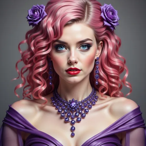 Prompt: a woman with pink hair and blue eyes wearing purple jewelry and a necklace and earrings on her neck and a purple dress, Edwin Georgi, photorealism, highly detailed digital painting, a photorealistic painting