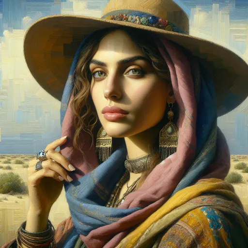 Prompt: <mymodel> a painting of a woman wearing a hat and a scarf  and earrings, Edwin Georgi, figurative art, extremely detailed oil painting, a photorealistic painting