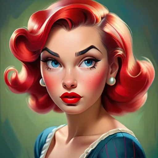 Prompt: Pin-up portrait, classic oil painting, vibrant and retro colors, vintage hairstyle, red lipstick,detailed facial features, traditional art technique, high quality, classical, vibrant colors,  classic style, detailed brushwork, professional lighting