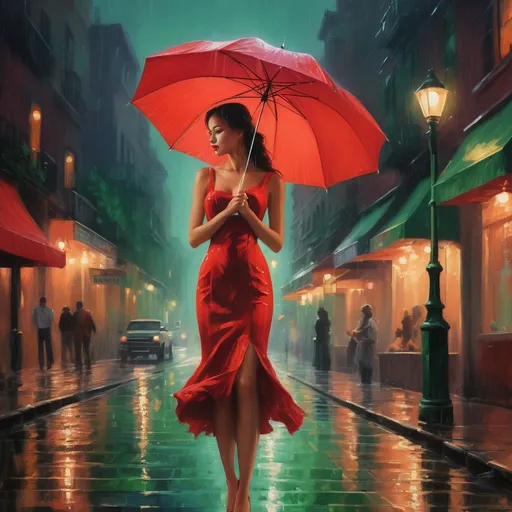 Prompt: Bathed in the ethereal glow of a full moon, a vibrant, rain-soaked street scene comes alive with color and mystery. A woman in a striking red dress stands gracefully at the forefront, her elegant silhouette contrasting against the glistening pavement. She holds a green umbrella, adding a whimsical touch to the ambiance as she gazes down the bustling street lined with neon signs and lit storefronts that shimmer with reflections in the rain. Shadows of figures in dark attire walk purposefully in the background, enhancing the cinematic quality of the scene, while soft clouds drift across the sky, suggesting an evening filled with intrigue. The overall atmosphere pulsates with a mix of romance and suspense, inviting viewers into a world where every raindrop whispers a story.