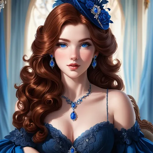 Prompt: <mymodel>Beautiful woman with blue eyes & Auburn hair, blue jewelry, intricate oval face, elegant & elaborate blue formal dress with velvet and lace detailing, blue milliner's hat, fair skin, upturned nose, full bosomy figure, blue high heels, sitting for a portrait, 8k, realistic, elegant, detailed, formal attire, intricate jewelry, portrait sitting, blue color scheme, fair complexion, exquisite hair, high-quality lighting