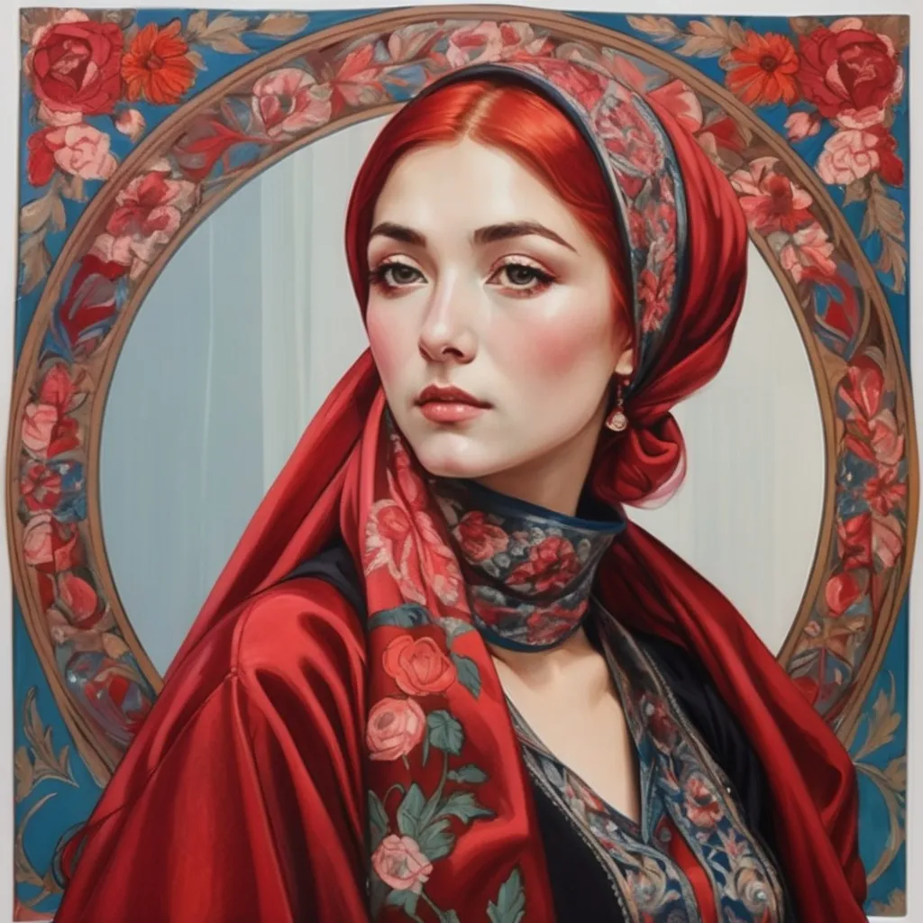 Prompt: a painting of a woman with red hair and a red head scarf with flowers on it, in a circle, Elina Karimova, qajar art, art nouveau fashion embroidered, a silk screen