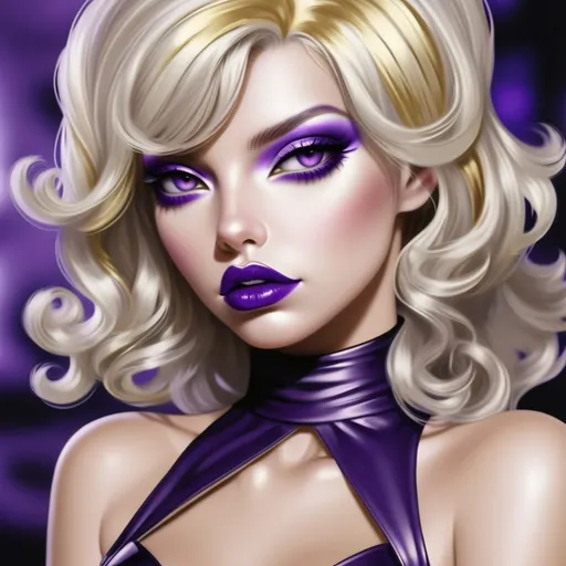 Prompt: Hypnotic bimbo  platinum  blonde   gold lips and purple eyeshadow 