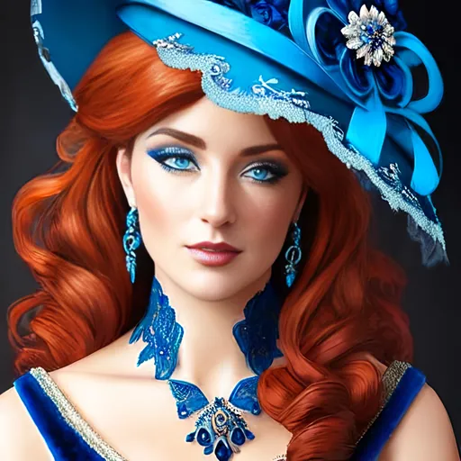 Prompt: Beautiful woman with blue eyes & Auburn hair, blue jewelry, intricate oval face, elegant & elaborate blue formal dress with velvet and lace detailing, blue milliner's hat, fair skin, upturned nose, full bosomy figure, blue high heels, sitting for a portrait, 8k, realistic, elegant, detailed, formal attire, intricate jewelry, portrait sitting, blue color scheme, fair complexion, exquisite hair, high-quality lighting