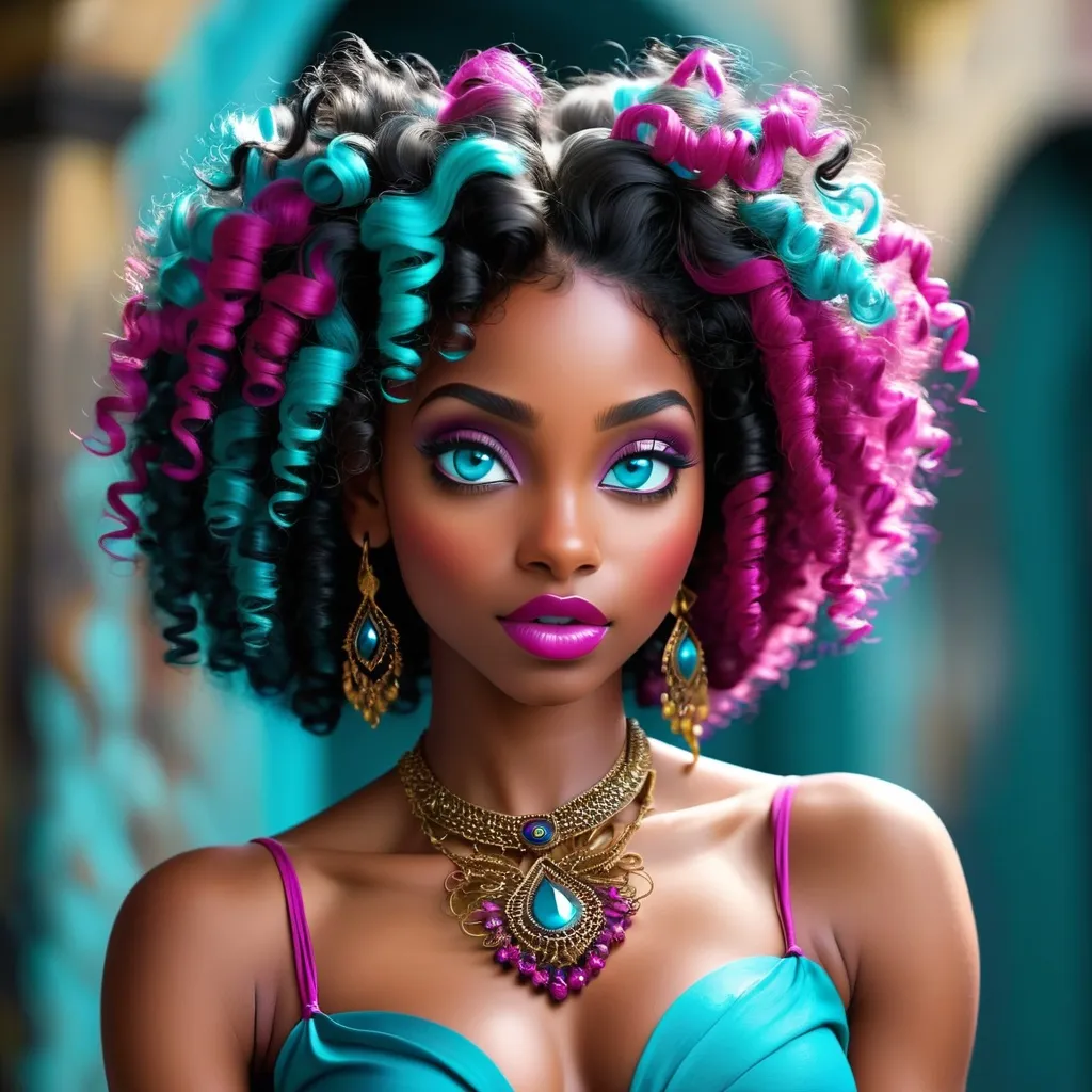 Prompt: <mymodel>A beautiful black woman,blue eyes,curly hair , adorned in colors of teal blue and magenta