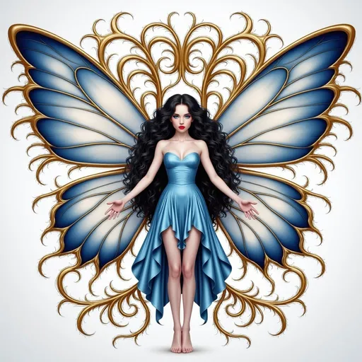 Prompt: a beautiful woman with a butterfly wings on her body and a blue dress on her body, with a gold and blue wings, Anne Stokes, fantasy art, highly detailed digital painting, a detailed drawing