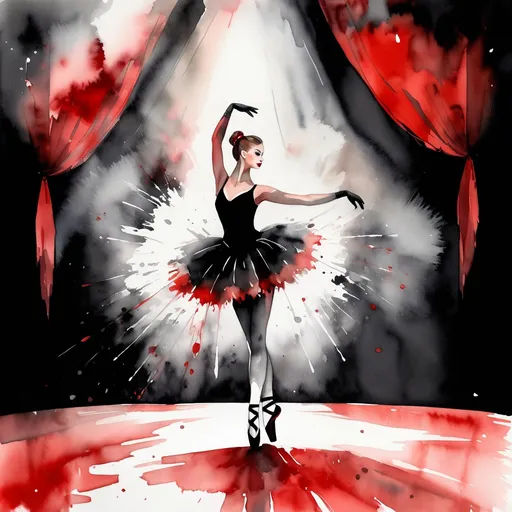 Prompt: young lady ballerina, watercolors, black, gray, white and red, with big attitude, on vaudeville stage