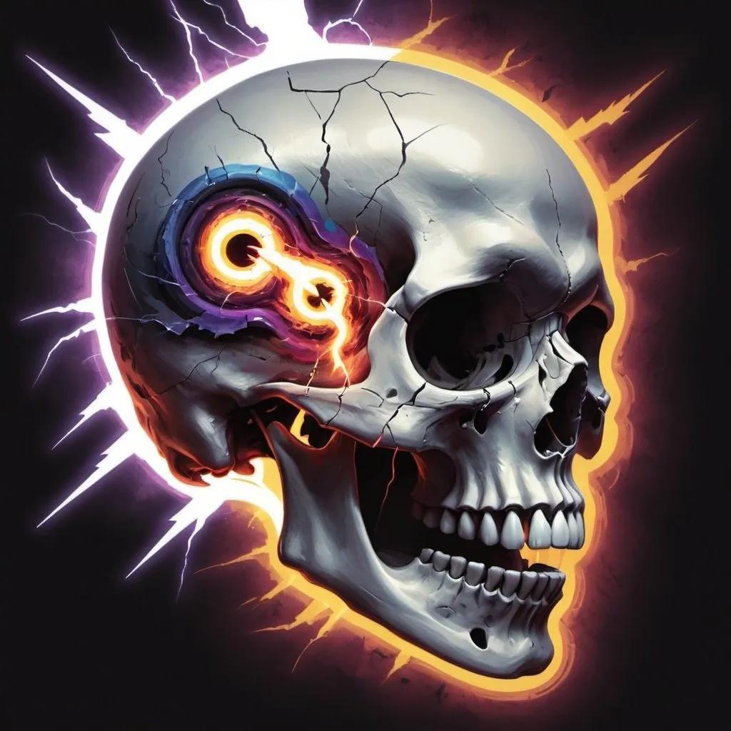 Prompt: create an image of a skill with a swirling lighting bolt around the right eye socket which is empty (except for the lightning bolt. The other eye is normal. The rest of the skull is colorful, but the image depicts pain and suffering