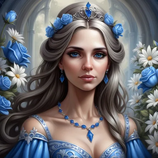 Prompt: a painting of a woman wearing a tiara and blue dress with flowers in her hair, Blue and white flowersAnne Stokes, fantasy art, highly detailed digital painting, a detailed painting