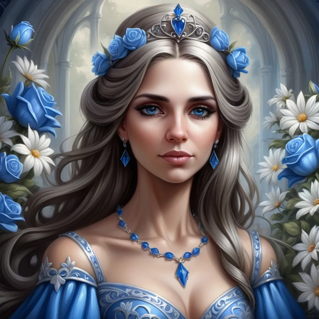 Prompt: a painting of a woman wearing a tiara and blue dress with flowers in her hair, Blue and white flowersAnne Stokes, fantasy art, highly detailed digital painting, a detailed painting