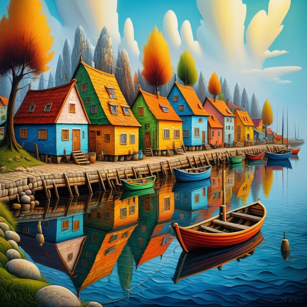 Prompt: Fishing Village, oil painting, colorful, bright, painted impasto with thick palette knife. High contrast highly detailed fantasy 8k oil on canvas beautiful 4K 3D high definition crisp quality colourful hdr Jacek Yerka light reflections Gediminas Pranckevicius Impressionist