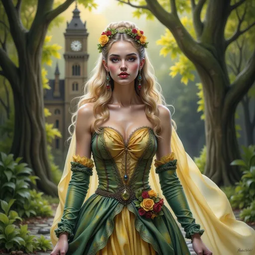 Prompt: a painting of a woman in a green dress with flowers in her hair and a clock tower in the background, Anne Stokes, fantasy art, highly detailed digital painting, a detailed painting