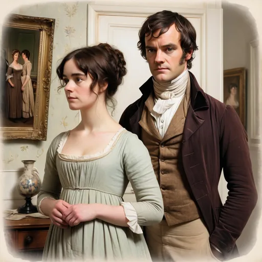 Prompt: Mr. Darcy and Elizabeth Bennet-a man and a woman in  18th century period dress standing next to each other in a room with a mirror on the wall, Cassandra Austen, pre-raphaelitism, promotional image, an impressionist painting