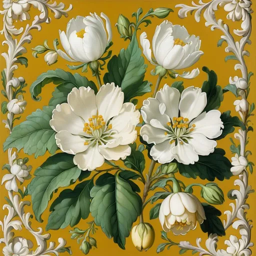 Prompt: a painting of white flowers on a yellow background with a white border around it and a green leafy branch, Ambrosius Bosschaert II, rococo, ornamental, a flemish Baroque