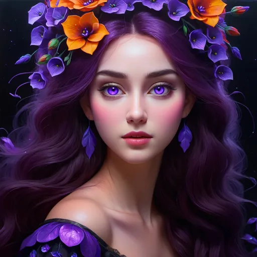 Prompt: Beautiful  hybrid woman with purple flowers sprouting from her, oil painting,ethereal glow, dark and mysterious, high quality, vibrant colors, surreal, haunting, intricate floral details, intense gaze, mystical atmosphere, oil painting, demon, hybrid, fiery eyes, ethereal, vibrant colors, surreal, haunting, floral details, intense gaze, mystical atmosphere