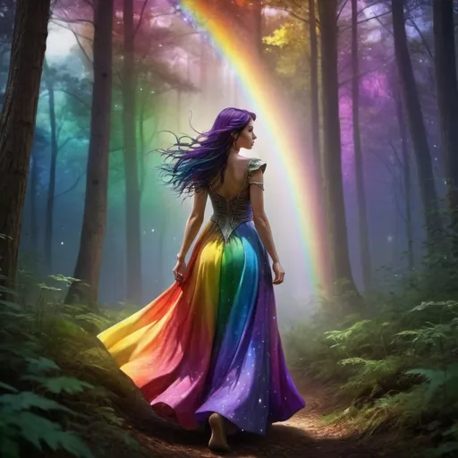 Prompt: a woman in a colorful dress walking through a forest with a rainbow light in the background and stars in the sky, Anne Stokes, fantasy art, mystical colors, digital art