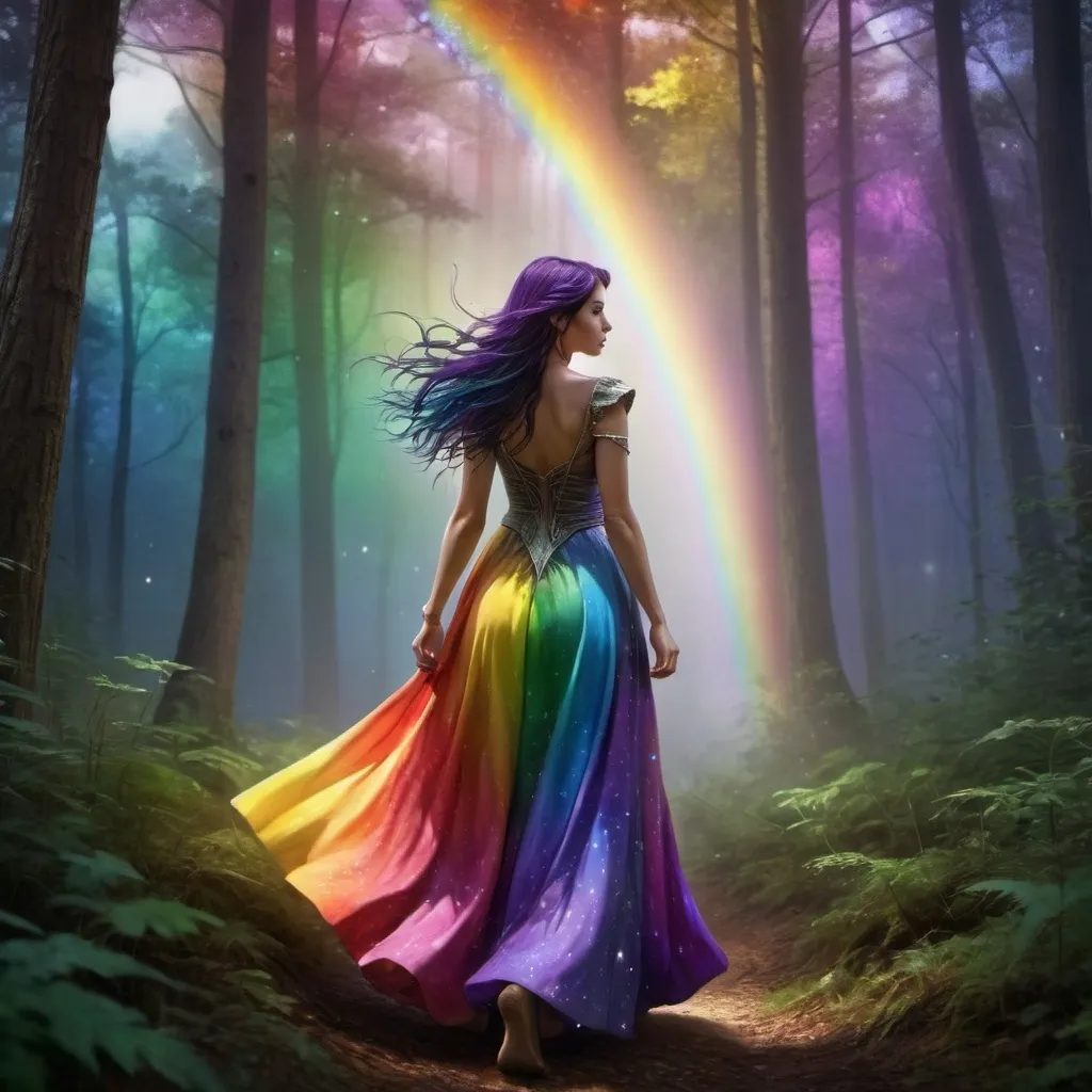 Prompt: a woman in a colorful dress walking through a forest with a rainbow light in the background and stars in the sky, Anne Stokes, fantasy art, mystical colors, digital art