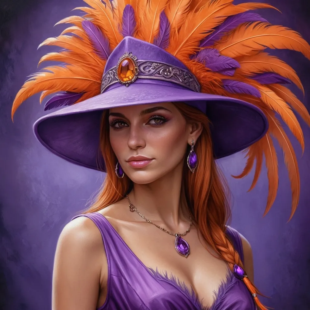 Prompt: a painting of a woman wearing a purple dress and a purple hat with orange feathers on it's head, Anne Stokes, fantasy art, highly detailed digital painting, a character portrait