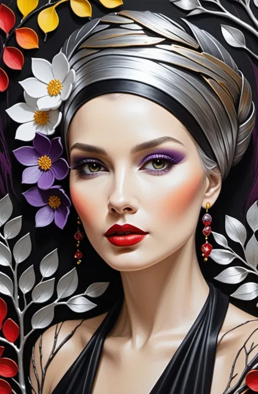 Prompt: Figurative art, textured painting, acrylic 3d texture, a painting of a woman with sculptural turban hair made of branches and gradient red yellow purple cartonnage flowers flowing in the wind, wearing a black high neck dress, Anna Silivonchik, Caia Koopman, endre penovac, abstract silver copper patina background, highly detailed digital painting, a fine art painting