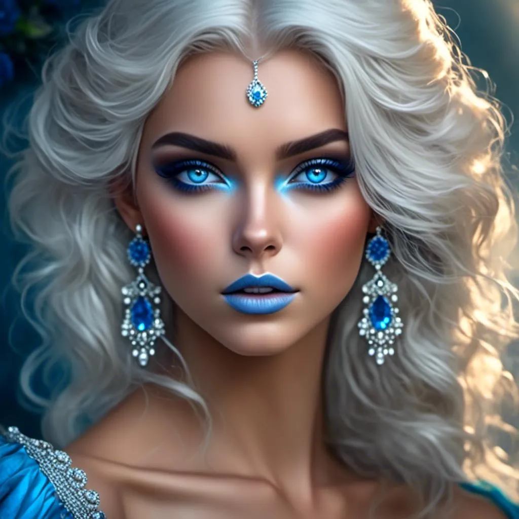 Prompt: <mymodel>A beautiful woman, white hair, blue eyes, blue eyeshadow, blue jewels o