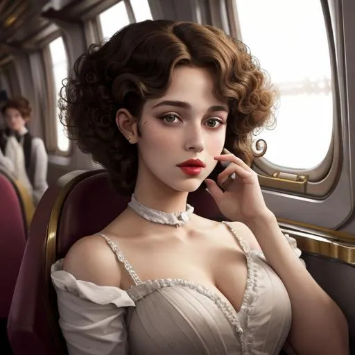 Prompt: fashionable 1st class  female passenger on the Titanic,curly hair styled hair, large lips, facial closeup, 
