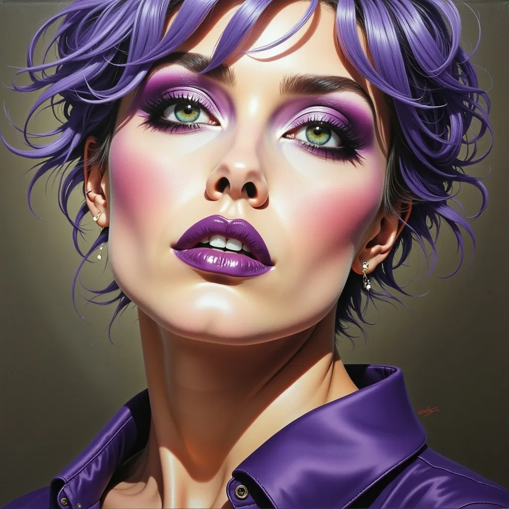 Prompt: a painting of a woman with purple makeup and purple hair and purple lipstick on her lips and purple dress, Edwin Georgi, hyperrealism, extremely detailed oil painting, a hyperrealistic painting