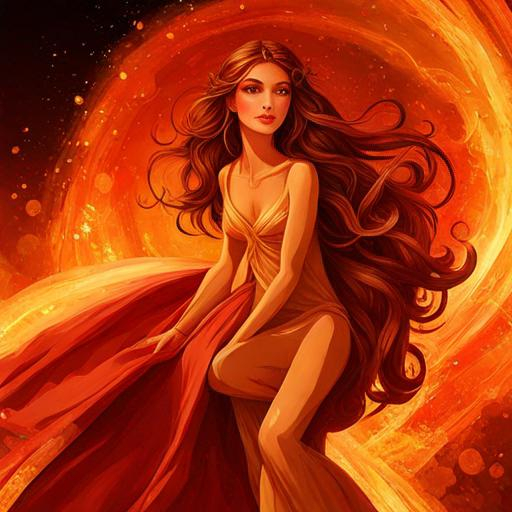 Prompt: fairy goddess, warm colors, fiery background, closeup