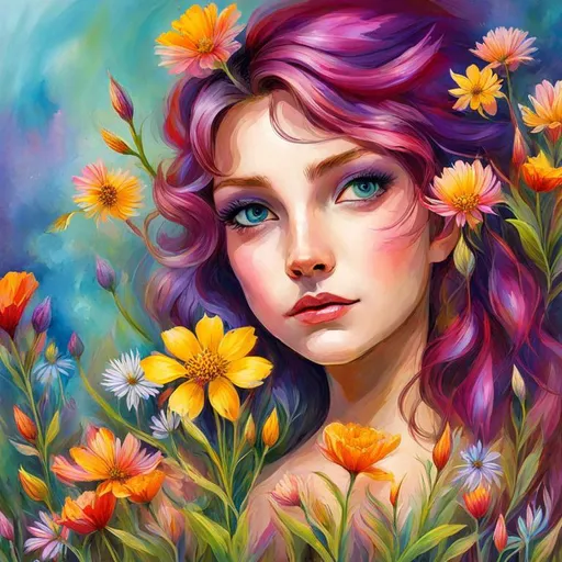 Prompt: a fairy of spring, ,wildflowers, vivid colors,  facial closeup