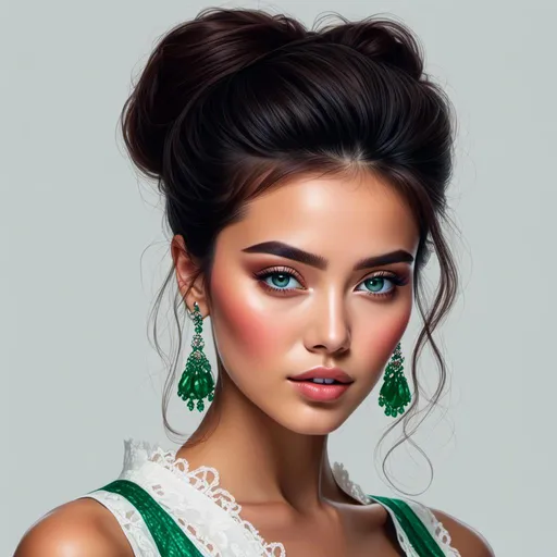 Prompt: <mymodel>Detailed illustration of a asian woman in vibrant green attire, large vivid green eyes, elegant makeup, digital painting, high resolution, realistic style, vibrant green, professional lighting