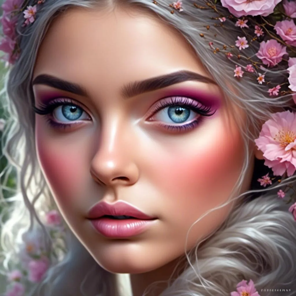 Prompt: <mymodel>a beautiful woman , lots of pretty pink flowers