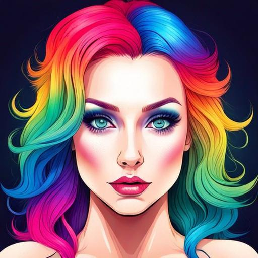 Prompt: Girl with rainbow colored hair, bright eyes,  beautiful makeup, facial closeup