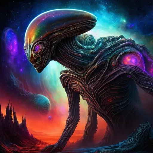 Prompt: Highly detailed alien in cosmic landscape, realistic digital art, swirling galaxy sky, cosmic atmosphere, vibrant and otherworldly colors, intricate alien anatomy, breathtaking cosmic scenery, ultra HD quality, realistic style, vibrant cosmic colors, atmospheric lighting