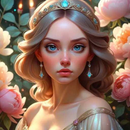 Prompt: daniel merriam art, beautiful renaissance painting of woman, perfect face, woman wearing a long fairy gown, sparkles, art by artgerm, wlop, loish, ilya kuvshinov, 8 k hyperrealistic, hyperdetailed, beautiful lighting, detailed background, depth of field, symmetrical face, frostbite 3 engine, cryengine,garden of roses and peonies background, ultra detailed,soft lighting