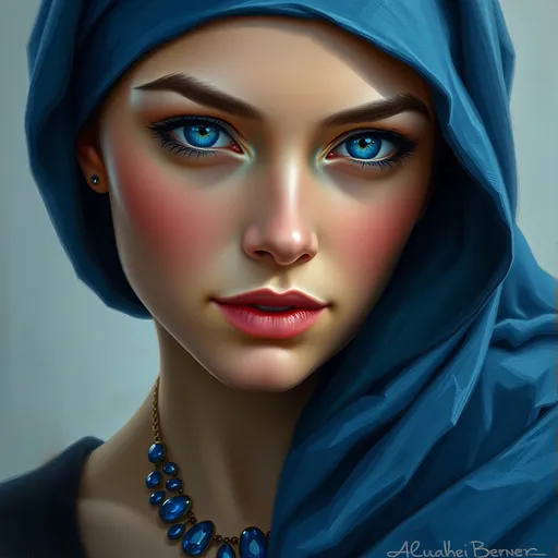 Prompt: a woman with blue eyes wearing a blue head scarf and a sapphire necklace, Art Brenner, figurative art, highly detailed digital painting, a photorealistic painting