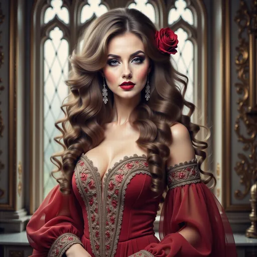 Prompt: a painting of a woman in a red dress with a rose in her hair. Anne Stokes, gothic art, highly detailed digital painting, a detailed painting