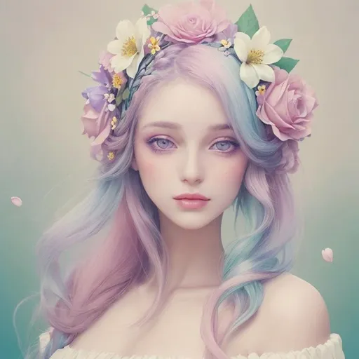 Prompt: Beautiful creation, woman with flowers in her hair, pastel colors