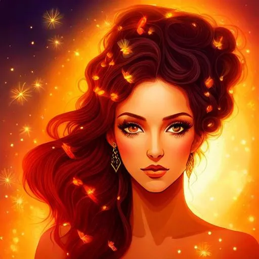 Prompt: fairy goddess, warm colors,  fireflies in hair, fiery background, closeup