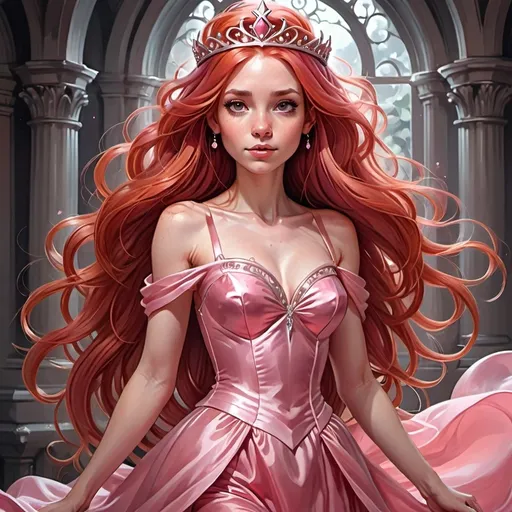 Prompt: a cartoon girl with long red hair and a pink dress with a tiara on her head and a pink dress with a pink dress on, Artgerm, fantasy art, rossdraws global illumination, an ultrafine detailed painting