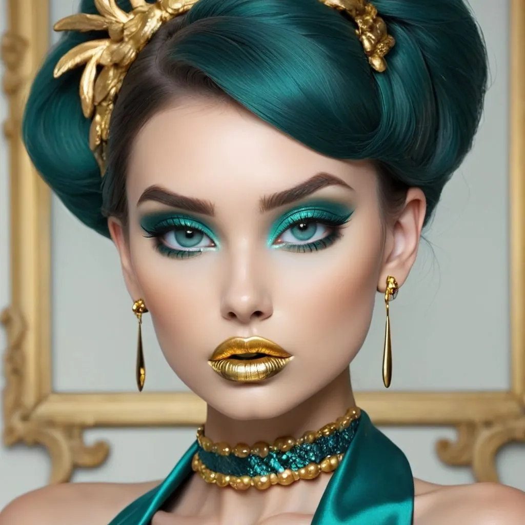 Prompt: <mymodel> Teal and gold beauty, beautiful makeup, gold lipstick