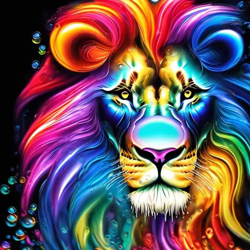 Prompt: Swirling, colorful lion made of bubbles and droplets, vibrant and vivid colors, high quality, abstract, dynamic, vibrant color palette, bubble art, splashes of color, fluid shapes, lion's majestic mane, dynamic and lively, vibrant bubbles, vivid droplets, modern, artistic, colorful, vibrant lighting, abstract art