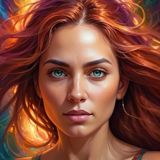 Prompt: Detailed digital painting of a powerful woman, vibrant colors, magical fantasy setting, flowing hair with intricate details, intense and confident expression, ethereal and mystical atmosphere, high quality, digital painting, fantasy, vibrant colors, flowing hair, powerful, confident, mystical, atmospheric lighting