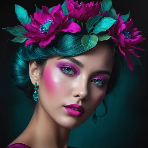 Prompt: <mymodel>Magenta and teal beauty, vivid colors, high contrast, detailed floral arrangement, oil painting, vibrant, realistic, 4k, ultra-detailed, surreal, dynamic lighting, luxurious, botanical, rich textures, modern, decorative, elegant composition