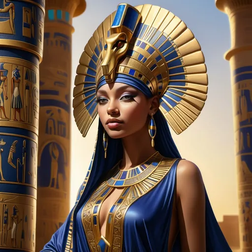 Prompt: Pharaoh's Daughter, (regal and dignified posture), wearing an ornate golden headdress, intricately detailed flowing robe adorned with vibrant color patterns of deep blue and rich gold. Set against the background of an opulent ancient Egyptian palace, opulent hieroglyphs visible, warm golden sunlight casting shadows, evoking a majestic and serene atmosphere. (highly detailed) (vibrant colors) (4K quality)